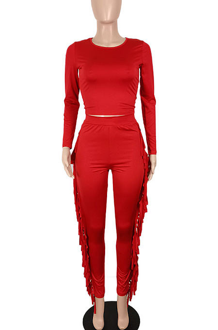 Black Women Autumn Fashion Tassel Long Sleeve Bodycon Pure Color Pants Sets SH7287-1