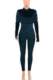 Black Women Korea Velvet Pure Color Irregular Ruffle Zipper Bodycon Jumpsuits PY0839