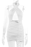 White Euramerican Women Sexy Solid Color Halter Neck Hollow Out Sleeveless Backless Drawsting Ruffle High Waist Mini Dress FWB20921-1