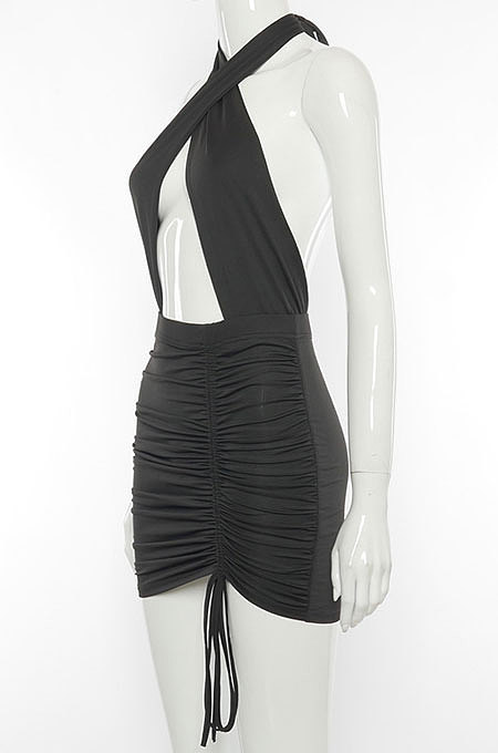Black Euramerican Women Sexy Solid Color Halter Neck Hollow Out Sleeveless Backless Drawsting Ruffle High Waist Mini Dress FWB20921-4