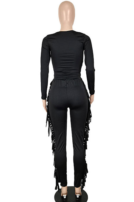 Black Women Autumn Fashion Tassel Long Sleeve Bodycon Pure Color Pants Sets SH7287-1