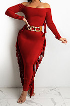 Red Women Autumn Fashion Tassel Long Sleeve Bodycon Pure Color Long Dress SH7288-2