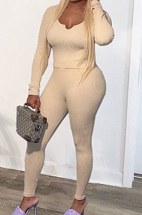 Cream White Fashion Sexy Quality Ribber Long Sleeve Low Neck Bodycon Tops High Elastic Pencil Pants Solid Color Sets CYY00036-2