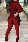 Wine Red Wholesale Pure Color Long Sleeve Round Neck T-Shirts Bodycon Flare Pants Casual Sets CYY00033-3