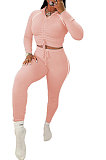 Blue Euramerican Women Hooded Drawsting Crop Solid Color Bodycon Casual Pants Sets AYQ08021-1