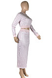 Red Women Digital Printing Ribber Long Sleeve Zipper Hip Skirts Sets YLY2666-2