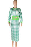 Pink Women Digital Printing Ribber Long Sleeve Zipper Hip Skirts Sets YLY2666-1