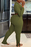 Army Green Autumn Winter Fashion Women Shirred Detail Ribber Pure Color Split Pants Sets XT8112-1