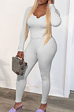 White Fashion Sexy Quality Ribber Long Sleeve Low Neck Bodycon Tops High Elastic Pencil Pants Solid Color Sets CYY00036-1