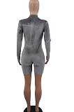 Black Women Sexy Trendy Skinny Korea Velvet Zipper Pure Color Romper Shorts QMX1021-3