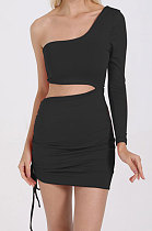 Black New Sexy Women Pure Color One Sleeve Hollow Out Bandage Hip Dress LZY8703-5