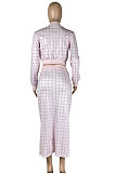 Red Women Digital Printing Ribber Long Sleeve Zipper Hip Skirts Sets YLY2666-2