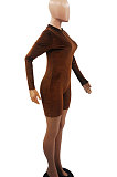 Gray Women Sexy Trendy Skinny Korea Velvet Zipper Pure Color Romper Shorts QMX1021-2