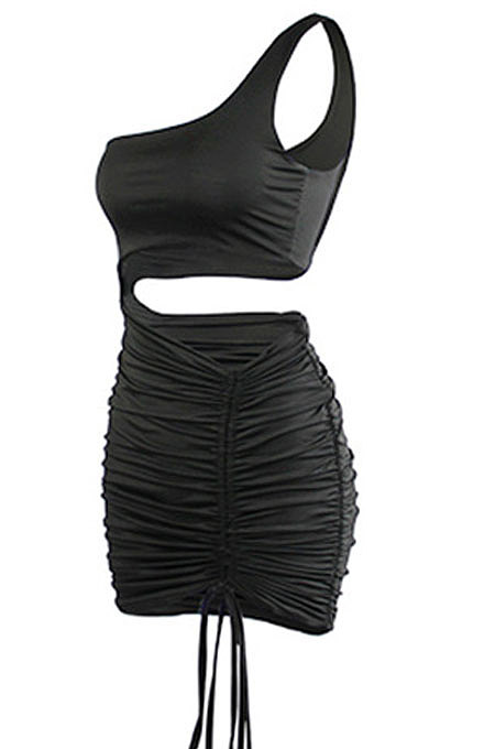 Brown Wholesale Sexy Single Shoulder Hollow Out Bandage Ruffle Solid Color Hip Dress LZY9508-5