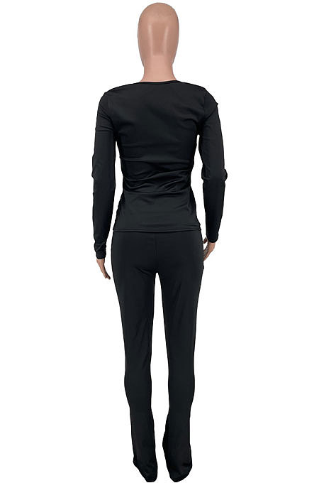 Black Wholesale Pure Color Long Sleeve Round Neck T-Shirts Bodycon Flare Pants Casual Sets CYY00033-2