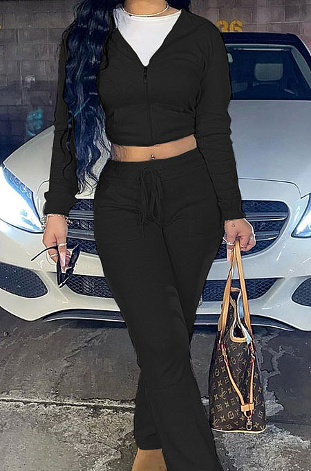 Black Euramerican Women Autumn Winter Drawsting Hooded Pockets Velvet Zipper Pants Sets MLM9079-3