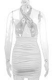 White Euramerican Women Sexy Solid Color Halter Neck Hollow Out Sleeveless Backless Drawsting Ruffle High Waist Mini Dress FWB20921-1
