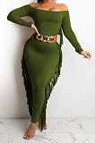 Red Women Autumn Fashion Tassel Long Sleeve Bodycon Pure Color Long Dress SH7288-2