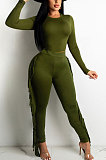 Black Women Autumn Fashion Tassel Long Sleeve Bodycon Pure Color Pants Sets SH7287-1