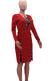 Black Autumn Winter Sexy Ribber Long Sleeve Bandage Double-Breasted Bodycon Slit Dress HHM6530-3