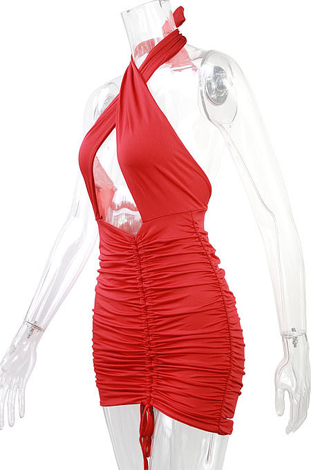 Black Euramerican Women Sexy Solid Color Halter Neck Hollow Out Sleeveless Backless Drawsting Ruffle High Waist Mini Dress FWB20921-4