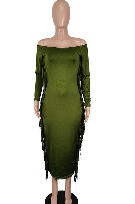 Black Women Autumn Fashion Tassel Long Sleeve Bodycon Pure Color Long Dress SH7288-1
