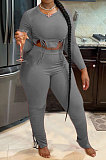 Army Green Autumn Winter Fashion Women Shirred Detail Ribber Pure Color Split Pants Sets XT8112-1