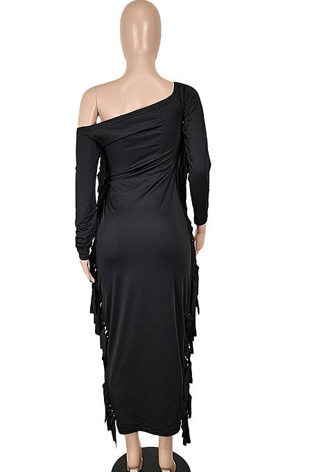 Black Women Autumn Fashion Tassel Long Sleeve Bodycon Pure Color Long Dress SH7288-1