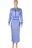 Red Women Digital Printing Ribber Long Sleeve Zipper Hip Skirts Sets YLY2666-2