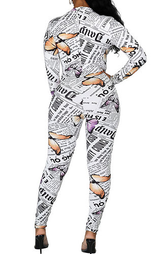 White Euramerican Women Autumn Winter Sexy Butterfly Printing Round Collar Zipper Bodycon Jumpsuits PY0837