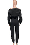 Rose Red Simple New Pure Color Zipper A Wrod Shoulder Long Sleeve Loose Tops Ankle Banded Pants Sets CYY00035-2