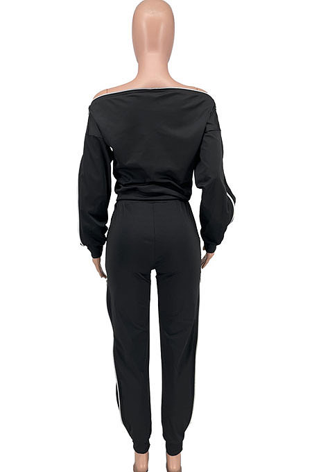 Wine Red Simple New Pure Color Zipper A Wrod Shoulder Long Sleeve Loose Tops Ankle Banded Pants Sets CYY00035-3