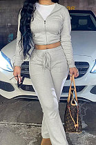 Gray Euramerican Women Autumn Winter Drawsting Hooded Pockets Velvet Zipper Pants Sets MLM9079-1