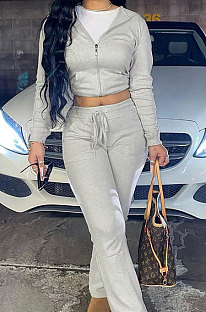 Gray Euramerican Women Autumn Winter Drawsting Hooded Pockets Velvet Zipper Pants Sets MLM9079-1