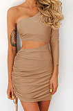 Red New Sexy Women Pure Color One Sleeve Hollow Out Bandage Hip Dress LZY8703-3
