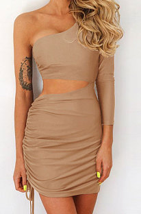 Khaki  New Sexy Women Pure Color One Sleeve Hollow Out Bandage Hip Dress LZY8703-4