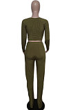 Gray Autumn Winter Fashion Women Shirred Detail Ribber Pure Color Split Pants Sets XT8112-3