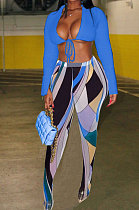 Blue Wholesale Sexy Pure Color Bandage Cradigan Tops Printing Bodycon Pantihose Two-Piece BN9307-2
