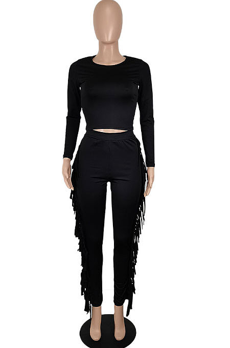Black Women Autumn Fashion Tassel Long Sleeve Bodycon Pure Color Pants Sets SH7287-1