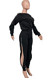 Rose Red Simple New Pure Color Zipper A Wrod Shoulder Long Sleeve Loose Tops Ankle Banded Pants Sets CYY00035-2