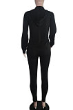 Black Euramerican Women Zipper Hooded Fashion Sport Pure Color Long Sleeve Pants Sets XT8888-1