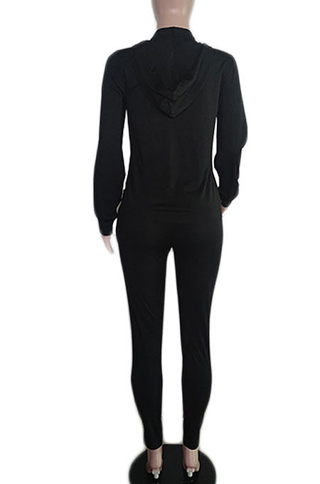 Black Euramerican Women Zipper Hooded Fashion Sport Pure Color Long Sleeve Pants Sets XT8888-1