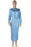 Pink Women Digital Printing Ribber Long Sleeve Zipper Hip Skirts Sets YLY2666-1