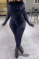 Black Women Korea Velvet Pure Color Irregular Ruffle Zipper Bodycon Jumpsuits PY0839