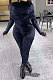 Black Women Korea Velvet Pure Color Irregular Ruffle Zipper Bodycon Jumpsuits PY0839