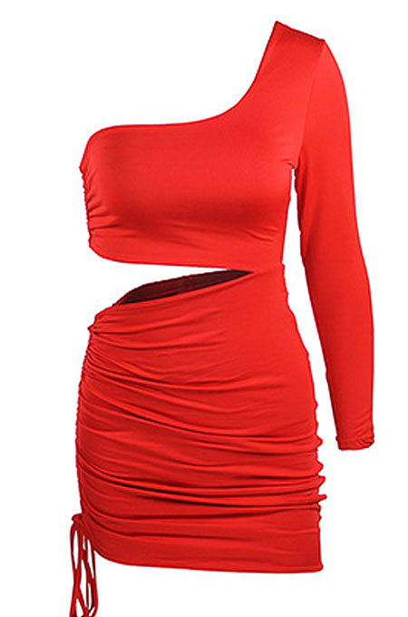 Wine Red New Sexy Women Pure Color One Sleeve Hollow Out Bandage Hip Dress LZY8703-6