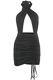 White Euramerican Women Sexy Solid Color Halter Neck Hollow Out Sleeveless Backless Drawsting Ruffle High Waist Mini Dress FWB20921-1