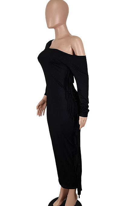 Black Women Autumn Fashion Tassel Long Sleeve Bodycon Pure Color Long Dress SH7288-1