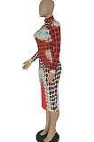 Red Women Sexy Positioning Printing Collect Waist Midi Dress XT0013