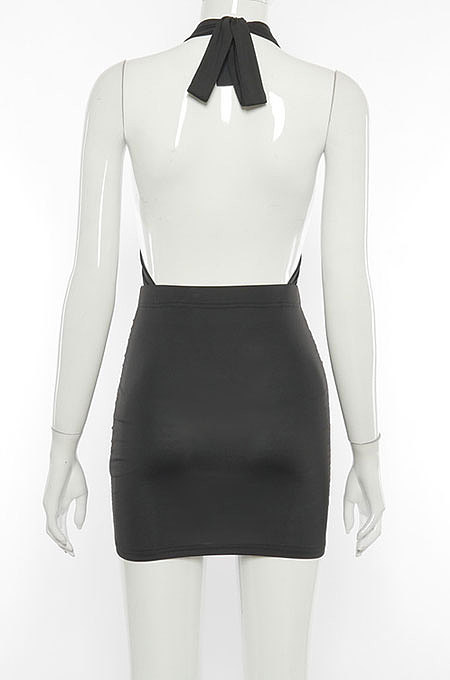 Black Euramerican Women Sexy Solid Color Halter Neck Hollow Out Sleeveless Backless Drawsting Ruffle High Waist Mini Dress FWB20921-4